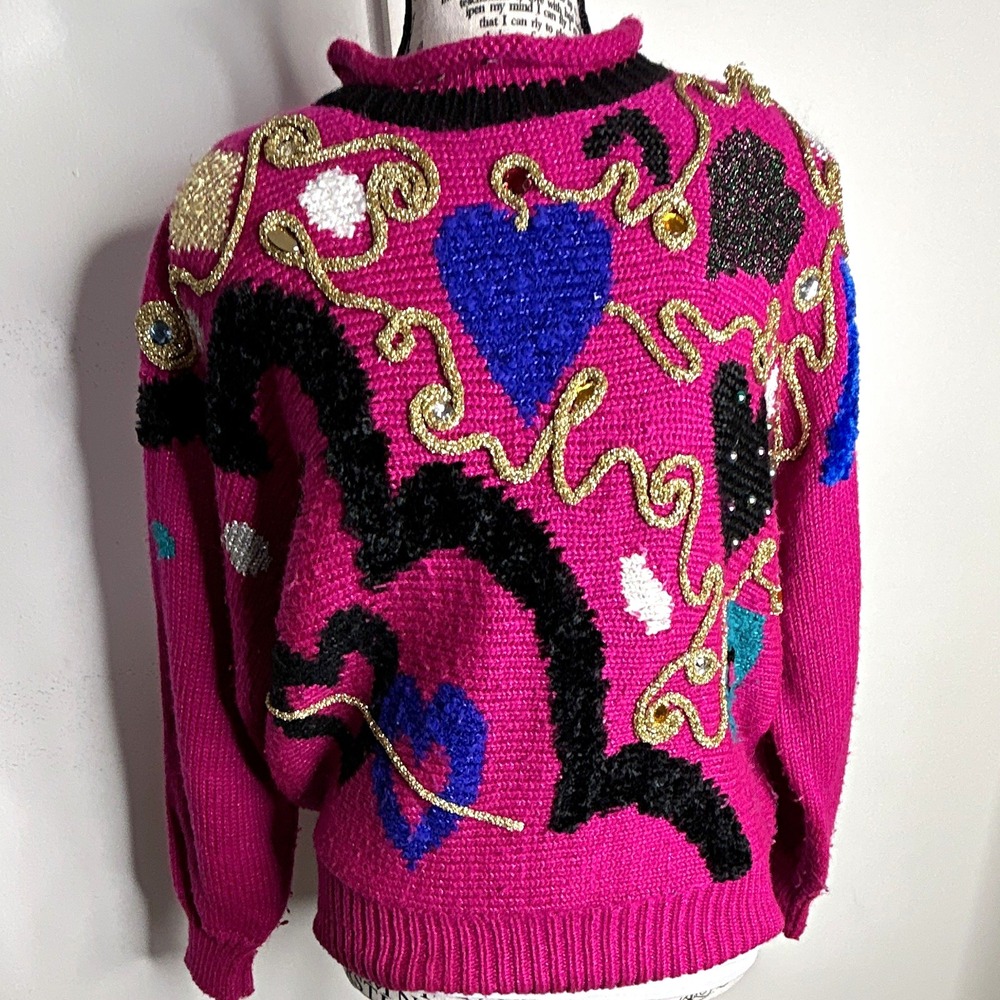Vtg 80s Jeody Knits Pink Black Embellished Sweater Funky Dopamine Pullover L